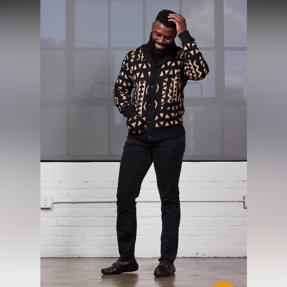 D'iyanu Mens Nwt Cardigan Sweater Sz 3xl African Print Black/Tan Geometric New — image 2 of 8